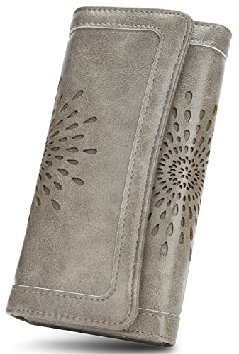 APHISON Geldbörse Damen Portemonnaie Damen Veganes Leder Geldbeutel für Frauen groß Lang Portmonee mit RFID Schutz Geldbeutel Damen mit 6 Kartenfächer Women Wallet 2214 (2214gray-UK)
