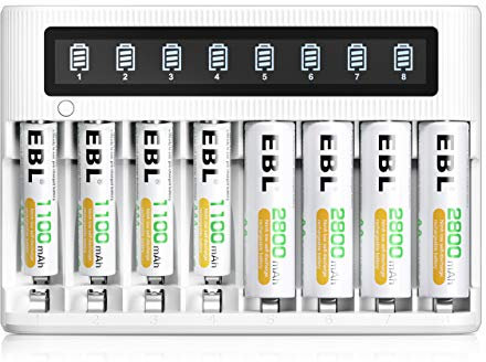 EBL LCD Chargeur de Piles Rechargeables- avec 4PCS AA 2800mAh et 4PCS AAA 1100mAh Piles Rechargeables, Charge Rapide 5V/2A, avec Fonction de Décharge