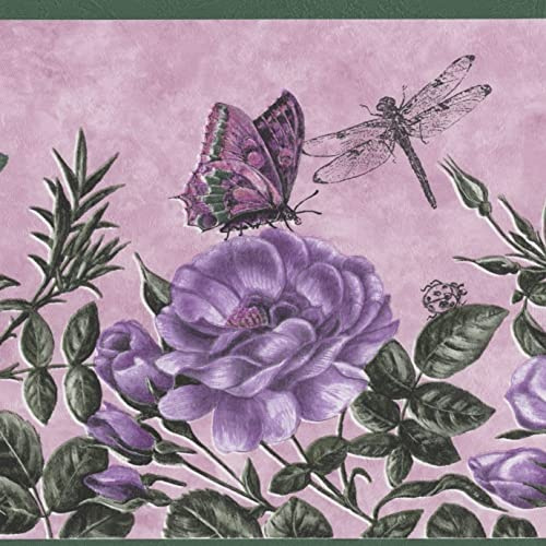 Dundee Deco Wallpaper Border Peel and Stick DDAZBD9544 - Nature Pink Purple Green Butterflies Flowers Wall Border Retro Design, 15 ft x 7 in (4.57m x 17.78cm), Self Adhesive