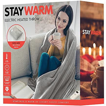 STAYWARM Heated Throw - Electric Comfort Blanket - Digital Controller - Timer up to 12 hours, 9 Heat Settings, Auto Shut off - Economical - Machine Washable - 180 x 130cm - Grey - F2851GR One Size