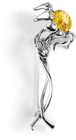 HENRYKA 925 Sterling Silver Sunflower Brooch, Pin, Lapel, Baltic Amber | Blooming Flower Jewellery| Floral Gifts