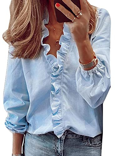 QKEPCY Chemisier pour Femme avec col en V Volants Chemise élégante à Manches Longues Mousseline Chemisier Casual Lâche Automne et Hiver Haut Décontracté pour Le Bureau (Bleu L)