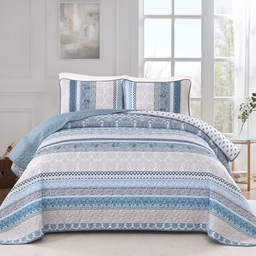 WONGS BEDDING Boho Quilt Set Queen Size,Blue Bohemian 3 Pieces Quilt Sets, Lightweight Bedspread Coverlet Bedding Set for All Season (96x90)