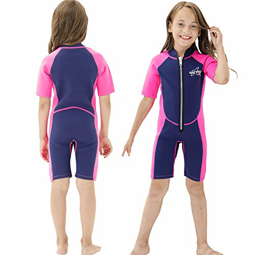 NATYFLY Kids Shorty Neoprenanzug 2.5mm Kinder Neopren Thermal Badeanzug UV-Schutz Badeanzüge für Mädchen Jungen One Piece WetSuits (Rosa, 8 Jahre)