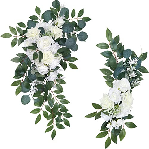 LICHENGTAI Künstliches Hochzeitsbogen Blumen Set, 2 Stück Hochzeitsbogen Girlande Pfingstrose Rosen Blumen Willkommen Hochzeitsgast Karte Dekoration Hochzeitsbogen Hochzeit Hintergrund Wand Dekoration