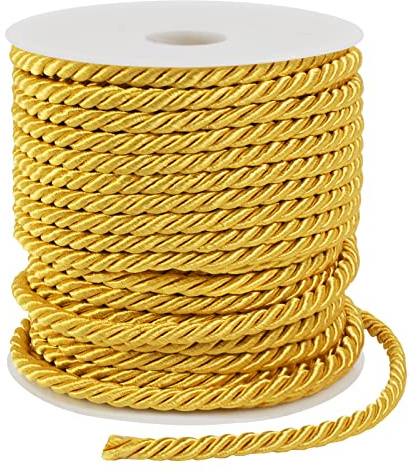 LEREATI Cordoncino intrecciato giallo dorato, 5 mmx25 m, corda in poliestere a 3 veli, morbido filo di raso, decorativo intrecciato macramè, per fai da te, per regali, decorazioni per la casa