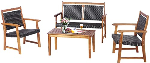 COSTWAY Muebles Jardin Exterior Ratan de 4 Piezas, Conjunto Jardin Exterior 1 sofás Doble, 2 Siilones y 1 Mesa de de Madera de Acacia, Asiento y Respaldo de Ratán de Mimbre, Marrón