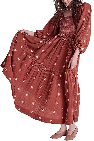 Barbotimer Women's Flower Embroidered Maxi Dress Lantern Sleeve Square Neck Tiered Flowy Spring Fall Dress (as8, Alpha, m, Regular, Regular, Brown)
