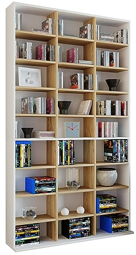 VCM Bücherregal stehend | Platzsparendes CD-Schrank Regal für 1080 CDs oder 504 DVDs | 27 Fächer, davon 16 höhenverstellbar | Elegantes Holzregal Klassisch | Maße: H. 181 x B. 102 x T. 23 cm