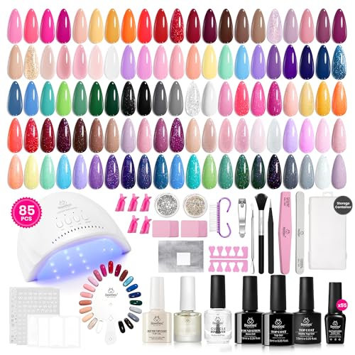 Beetles Coffret de vernis à ongles gel avec lampe UV, 85 pièces Symphonie saisonnière 55 couleurs avec décorations en diamant et autocollants pour nail art kit pour ongles en gel pour toute l'année