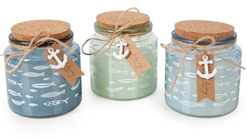 Logbuch-Verlag 3 candele in vetro color blu turchese azzurro in stile marittimo con pesce decorativo decorazione da tavolo casa bagno idea regalo battesimo comunione cresima 10 cm