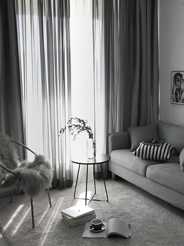 Gualiy Vorhang Wohnzimmer Transparent, Vorhänge 2er Set Haken 86x183CM Einfarbig Vorhänge Dunkelgrau Vorhang für Fenster