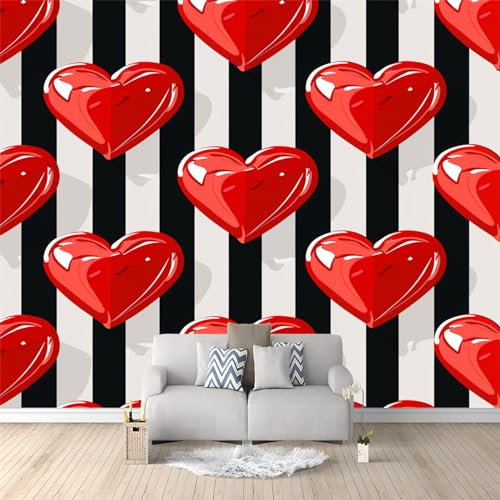 Papier Peint Panoramique Coeur d'amour rouge, 150 x 105 cm Papier Peint Intissé Rayures noires et blanches Personnalisé Photo Murale pour Salon Chambre d'enfants restaurant Décoration Murale