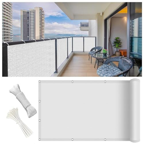 Sichtschutz Balkonabdeckung 100 x 900 cm Meterware, Sonnenschutz Atmungsaktiv Sichtschutz, Pflegeleichtes Balkon Sichtschutz Balkonumspannungen mit Ösen Kabelbinder für Zaun, Weiß