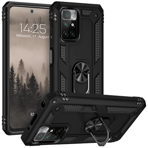 LBH Outdoor Hülle für Xiaomi Redmi 10 Armor Militär Stoßfest Handyhülle 360 Grad Metal Ring Halter Ständer Schutzhülle für Handyhalterung Auto Magnet Schwarz