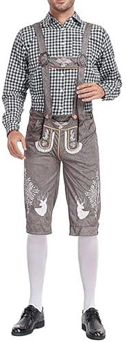 Lederhose Herren Tracht Traditionelle Trachtenhose Kurz Trachten Leder Hose inkl. Veloursleder Trachtenlederhose Grau Hosenträger mit Trachtenhemd Langarm in 4 Farbvarianten für Oktoberfest M-XXL