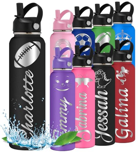 WolunLi Personalisierte Wasserflasche Trinkflasche mit Symbol-Namen, für Kinder, Teenager, Junge, Mädchen, zurück zur Schule Geschenk, Reisen, Sport, Isolierflaschen mit Flip Stroh Griff Schwarz 1