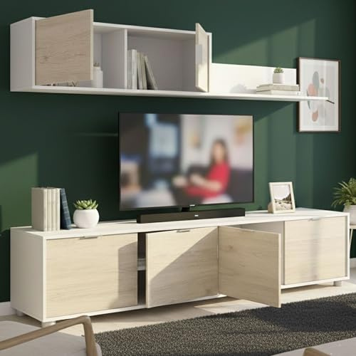 Dmora - Parete attrezzata Galliner, Composizione soggiorno, Mobile salotto multiuso, Armadio porta TV, 200x40 h43 cm, Bianco e Rovere
