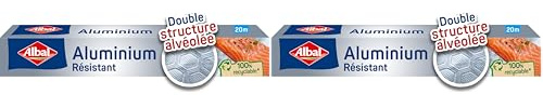 Albal - Film Aluminium 20m - Résistant - Double structure alvéolée - Four et barbecue (Lot de 2)