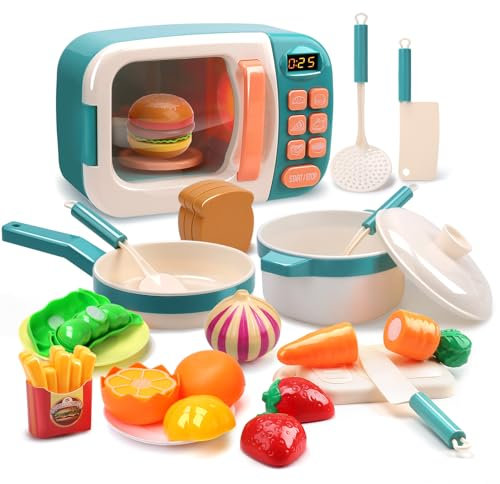 CUTE STONE Mikrowelle Spielzeug Küche Spielen Set, Kinder Pretend Play elektronischen Ofen mit Spiel Lebensmittel, Kochgeschirr Topf und Pfanne, Kochutensilien,Toll für Mädchen und Jungen,Toy