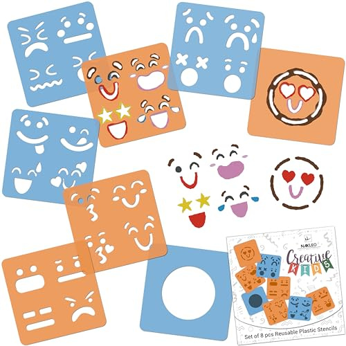NAKLEO Plantillas para Dibujar para Niños, Set de 8 Stencil 15x15cm Emoticonos, Modelos Creativo Plástico y Reutilizable para Pintar, DIY Decoración Artesanía, Papel Pared Madera Tejido