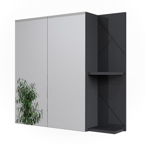 Vicco Badspiegelschrank Irma, Anthrazit Hochglanz/Anthrazit, 80 x 75 cm | zur Wandmontage mit offenen Ablageflächen und Spiegel