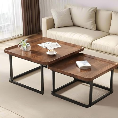 Windpost Square Nesting Coffee Table Set of 2, 23.6+19.7 Nesting Tables,Small Square Coffee Table with Fluted,Center Table for Living Room Bedroom Office Balcony Yard (Walnut)