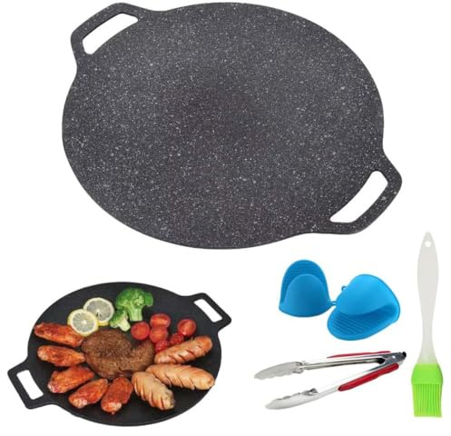 Consecutivte Non-stick Round Baking Pan, Korean BBQ Grill Pan, Korean Grill Pans for Indoor Cooking, Round BBQ Griddle with Handle, Multifunctional Frying and Baking Pan for Kitchen (32cm/12.6in)