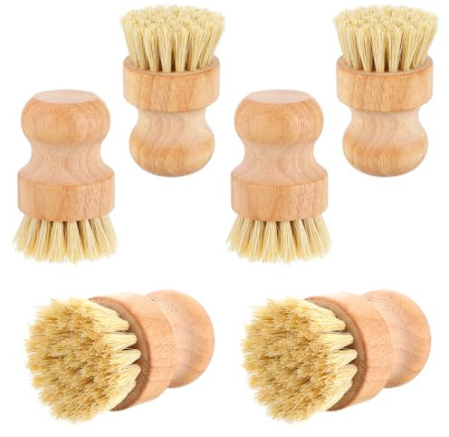 6 Pack Wood Dish Brush Set, Wood Scrub Brush for Dishes with Natural Sisal Bristles, Natural Dish Brushes for Pots Pans Sink Vegetables - Eco-Friendly Kitchen Cleaning Tools (3.14 x 1.96)