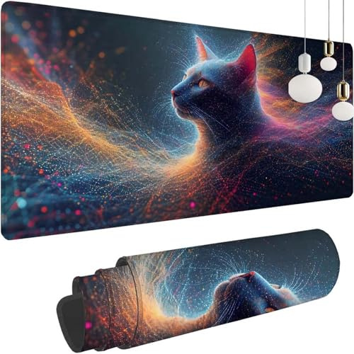 Rêve Chat Gaming Tapis de Souris XXL, 1400x600x3mm Clavier Souris Gamer Tapis Bureau avec Base Anti-Dérapage, Améliore la Précision et la Vitesse, Mouse Pad Imperméable pour Maison, Le Bureau Z-363