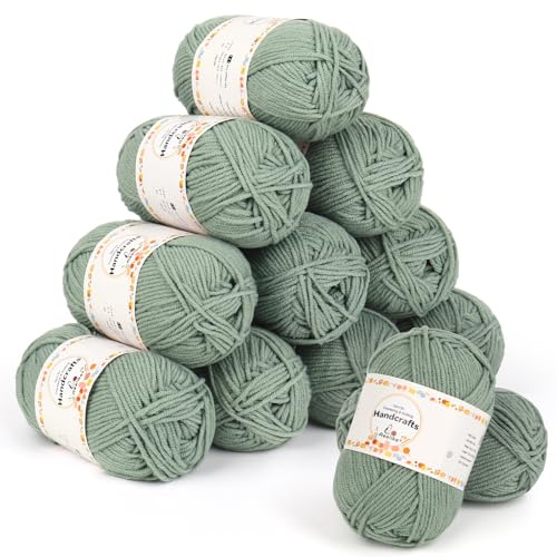 Aeelike 600g(12x50g) Acrylgarn Wolle zum Stricken, 5Ply Häkelwolle Baumwolle zum Häkeln, Cotton Yarn Strickwolle Set für Anfänger, Erfahrene Häkeler, Elegantes Grün