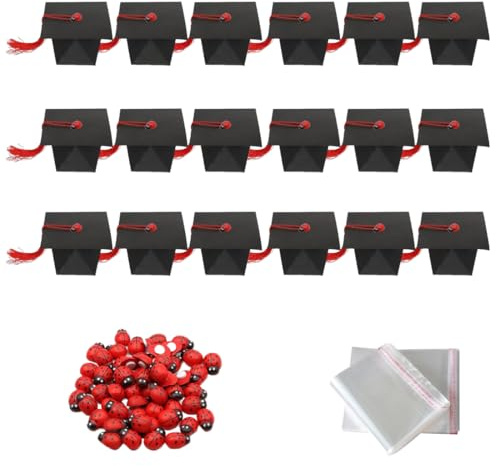 WUSJCOF 30 Pezzi Scatole di Cappello Laurea, Scatole Laurea Bomboniera Scatola di Caramelle di Laurea in Carta, Gadget Laurea per Decorazione Festa Laurea,con Coccinella rossa e sacchetto di caramelle