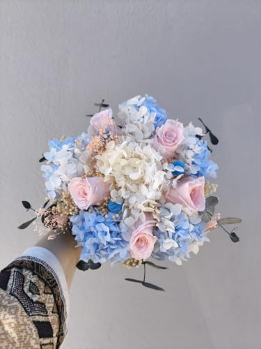 Genérico Ramo Floral Preservado, Rosas Rosa y Hortensias en Azul y Blanco, Arreglo Romántico Artesanal