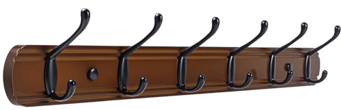 Yundoza Coat Hooks Wall Mount, Wood Bamboo Wall Coat Rack with 6 Metal Hooks for Hanging Clothes, Towels, Keys, Bags(Brown&Black)