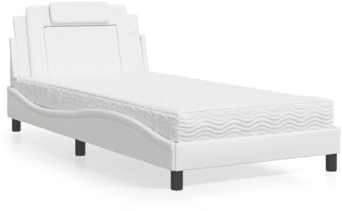 Teenpull Viana Sängklädselsäng med madrass, vit, 100 x 200 cm, konstläder, vågform, komfortskummadrass, H2/H3, ribbotten, sovrum, möbelset