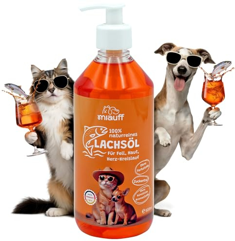 Miauff Aceite de salmón para perros y gatos – Aceite de pescado con ácidos grasos omega-3 y 6 (EPA y DHA) – Apoyo para la piel, pelo y vitalidad (500 ml)