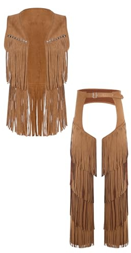 Raenseen Mens Western Cowboy Costume Faux Suede Rivets Vest Top with Tassel Chaps Trousers Brown M