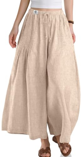 TARSE Womens Linen Wide Leg Cropped Pants Baggy Palazzo Boho Casual Elastic Waist Summer Beach Skirt Pants with Pockets(HeatherLightKhaki, XL)