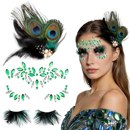 Becellen 4 Stück Pfau Kostüm Accessoires Damen, Pfauenfeder Haarschmuck Karneval Waldfee Federn Falsche Wimpern Fascinator Glitzersteine Gesicht Pfaukostüm Damen