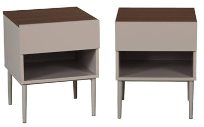 sweeek - Lot de Deux Tables de Chevet métal et décor Bois 1 Porte 1 Niche Gris et Noyer - Ashton