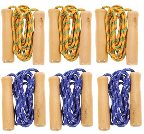 6 Pack Skipping Rope for Children, Wooden Handle Jump Rope Bulk Set with Adjustable Cotton Cords, Mixed Colours for Kids Boys Girls, Home Fitness, School PE Games & Outdoor Exercise Sports