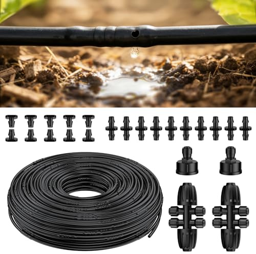 Pawfly 6.35 mm Drip Irrigation Tubing (61 m Roll), 6.35 mm Emitter Tubing with 15 cm Spacing, PE Drip Line with 24 Parts, Black Distribution Tubing for Drip Irrigation System Drip Irrigation Hose Roll