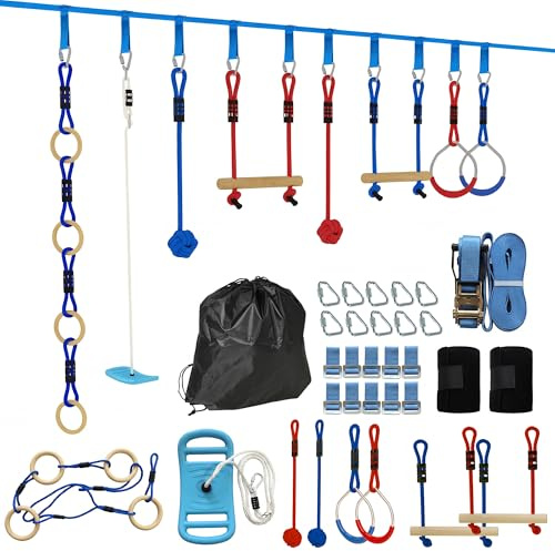 AIYAPLAY Ninja Line Kinder 10m 9-teilig Slackline Set mit 2 Turnringe, 3-in-1 Schaukel, 2 Kletterstange, Baumschutz, 2 Greifbällen, Tasche Outdoor Spielset Ausrüstung für 3-8 Jahre Kinder Mehrfarbig