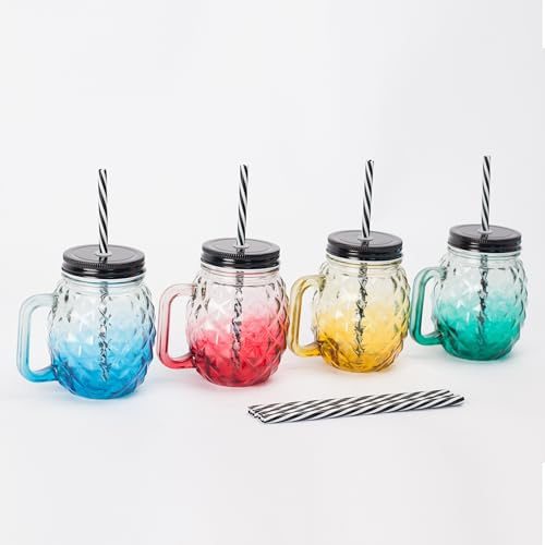 Relaxdays Bicchieri in Vetro con Coperchio e Cannuccia, Set 4x500ml, Design Ananas, Chiusura