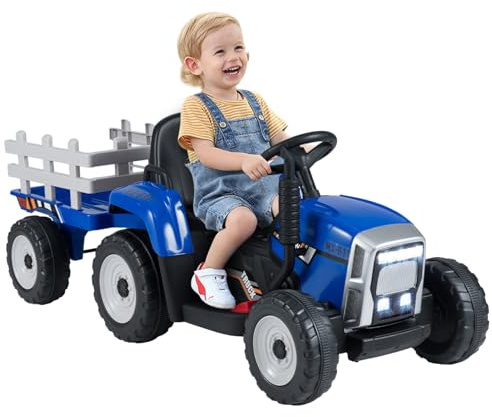 Maxmass 12V Kids Ride on Tractor and Trailer, Battery Powered Electric Vehicle with Remote Control, LED Lights, Music, Horn, USB, Bluetooth, Construction Car Toy for 3+ Boys Girls (Blue)