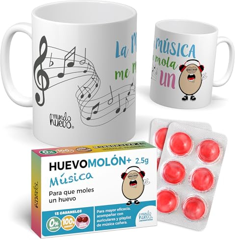 Pack Regalo Original: Taza Divertida “La Música me Mola un Huevo” + Caramelos Huevomolón | Detalle Gracioso para Músicos y Amantes de la Música
