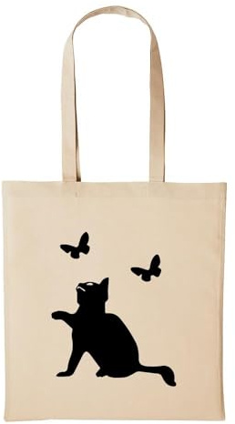 Huuraa Jutebeutel Katze Cat Schmetterlinge 10 Liter Natural | Geschenk Tasche Baumwolle 38 x 42 cm Tragetasche mit langem Henkel Geschenkidee Einkaufstasche