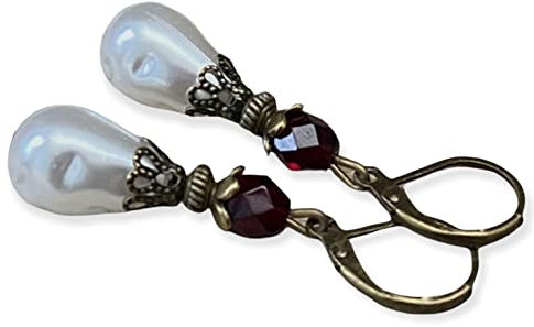 Leichte Vintage Tropfen Ohrringe mit Kunststoff- und böhmischen Glasperlen - weiß, weinrot & bronze