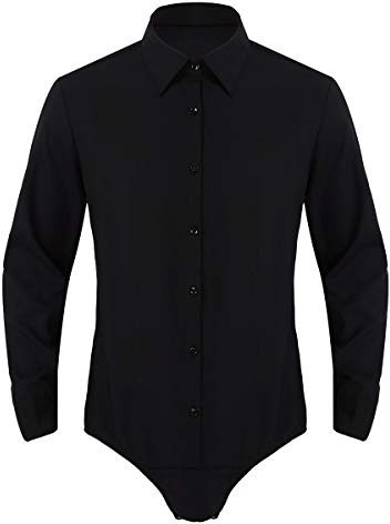 Alvivi Body da Uomo Slim Fit Latino Americano Moderna Ballo da Danza Professionale in Cotone Camicia Bodysuit Maniche Lunghe Button Down Costume Competizione Performance Nero L