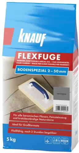 Knauf Flexfuge Bodenspezial Zementgrau 5 kg, zum Verfugen von allen keramischen Fliesen und kratzbeständigen Natursteinen im Innen- & Außenbereich, ideal bei unregelmäßigen Fugen, selbstverlaufend